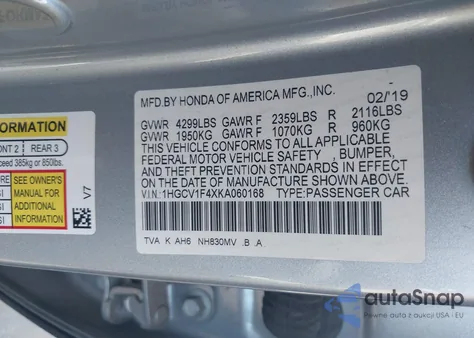 2019 Honda Accord Ex from USA, damaged, VIN 1HGCV1F4XKA060168